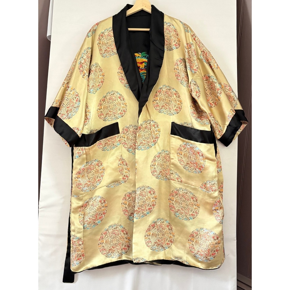 Reversible Kimono Robe Gold Medallion Black‎ Embroidered Dragon Satin L/XL